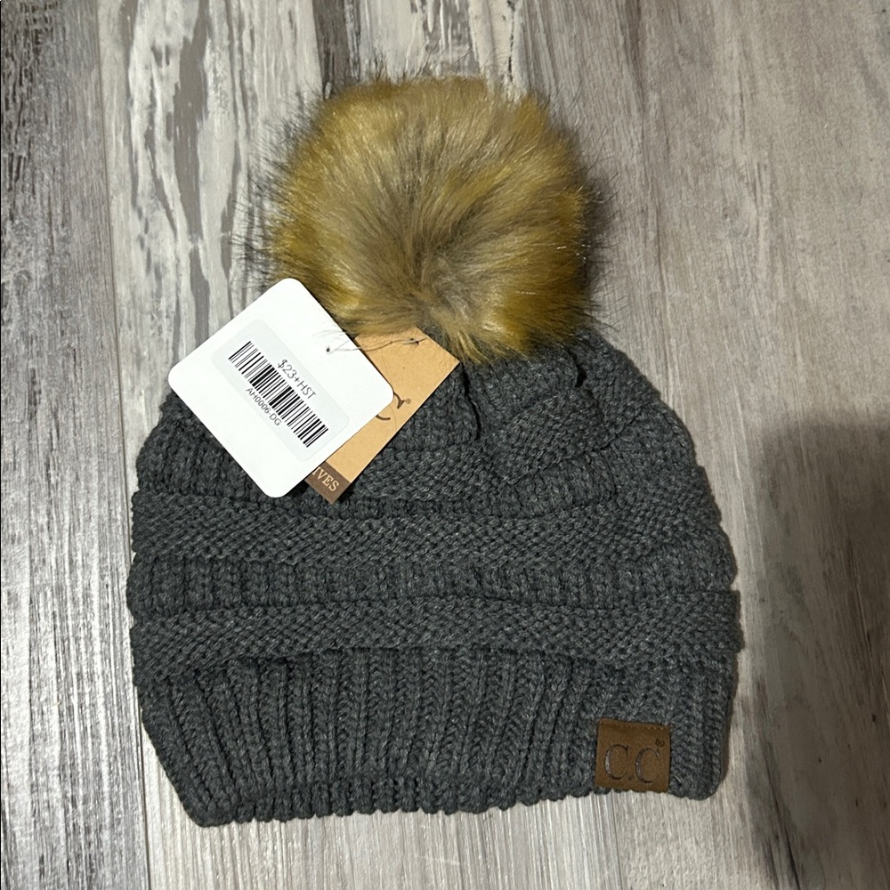 C.C Dark Grey Knit Beanie with Faux Fur Pom
